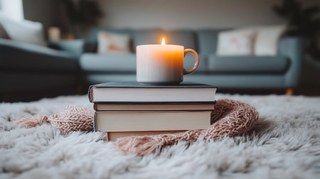 A stack of books, a cup of coffee and a warm knitted scarf on the bed in the living roomの素材