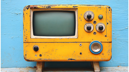 Old yellow vintage TV on blue wall background. Photo in old color image styleの素材