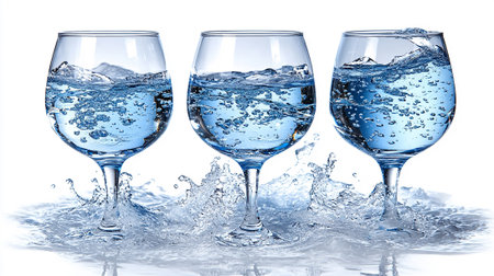 three glasses of water with splashes on a white background, isolatedの素材