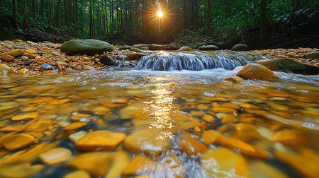 beautiful waterfall in the forest with sun rays in the morning.の素材