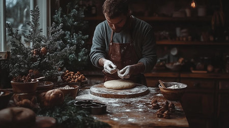 Man kneading dough for christmas cookies on the kitchen tableの素材