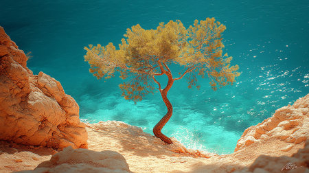 A tree on the shore of the sea. 3D illustration.の素材