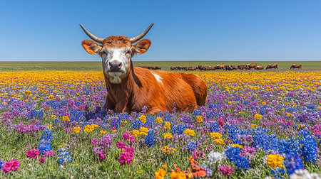 Cow in a field of colorful flowers in spring, South Dakota.の素材