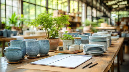 Ceramic tableware on wooden table in coffee shop, stock photoの素材