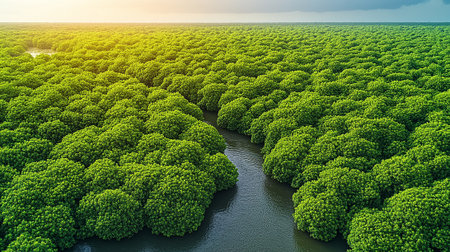 Aerial view of mangrove forest at sunset, Thailand.の素材