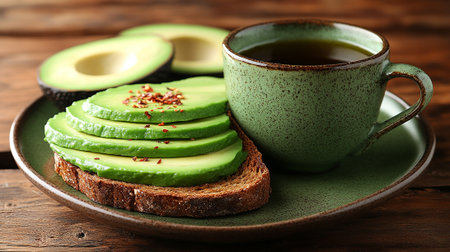 Avocado sandwiches on plate and cup of hot tea on wooden backgroundの素材