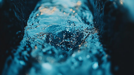 Ice cube falling into water. Ice cube falling into water. Ice cube in blue water.の素材