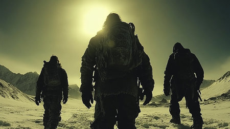 3D rendering of a group of soldiers in the winter mountains.の素材