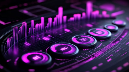 Futuristic electronic music background with glowing buttons. 3d renderingの素材