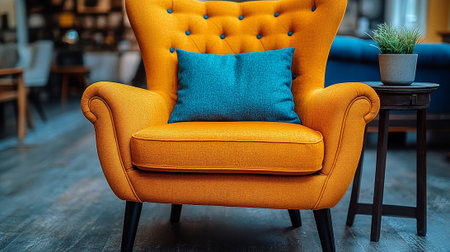 Vintage orange armchair with blue pillow in a coffee shop.の素材
