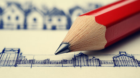 Architectural drawing of the house and red pencil. Selective focusの素材