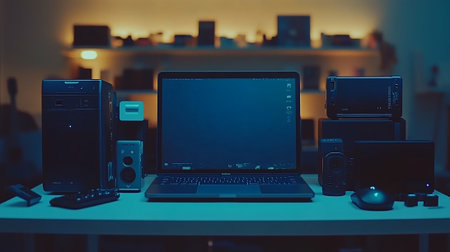 laptop with blank screen on the desk in the office at nightの素材
