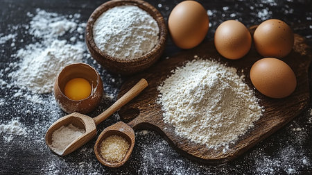 Baking ingredients. Flour, eggs and wooden spoon on black backgroundの素材
