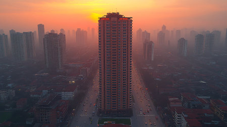 Aerial view of the city at sunset, Chongqing, Chinaの素材