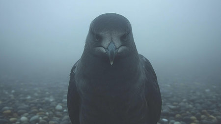 Black crow on the pebble beach with fog in the backgroundの素材