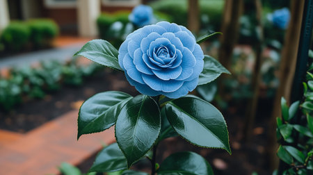 Beautiful blue camellia flower in the garden, stock photoの素材