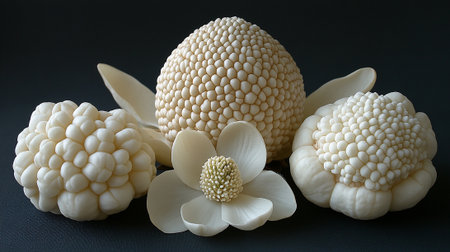 Ornamental white flowers in the form of an egg on a black backgroundの素材