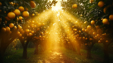 Orange grove in the rays of the rising sun. Orange trees with ripe fruits.の素材