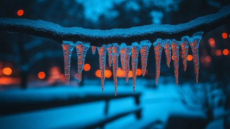 Icicles hanging from a tree branch at night in winter.の素材