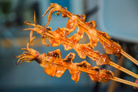 Delicious skewers covered in sauceの写真素材