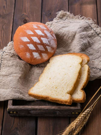 Bread baked food in a wooden box