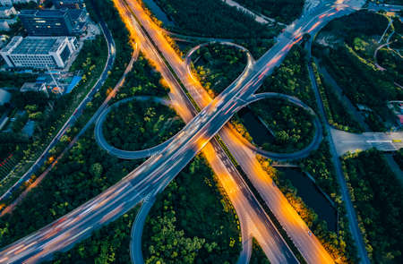 Aerial photography of Tianjin city overpass at night, China