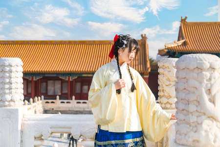 Portraits of women in ancient Hanfu in the Forbidden Cityのeditorial素材