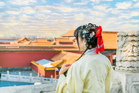 Portraits of women in ancient Hanfu in the Forbidden Cityのeditorial素材