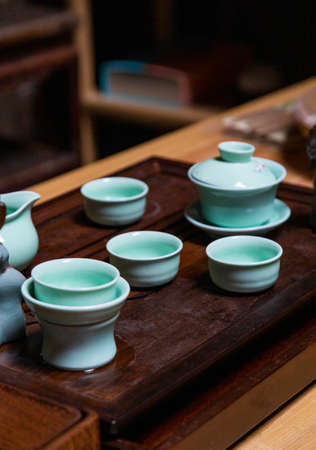 blue ceramic tea setの写真素材