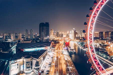 Aerial scenery of Tianjin Eye Ferris wheel in Tianjinのeditorial素材