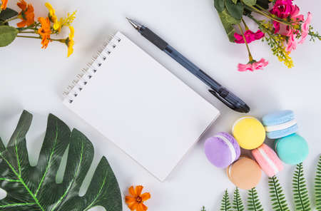 Macaron cake and blank notebookの写真素材