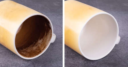 The comparison picture of the water cup full of tea scale and after cleaningの写真素材