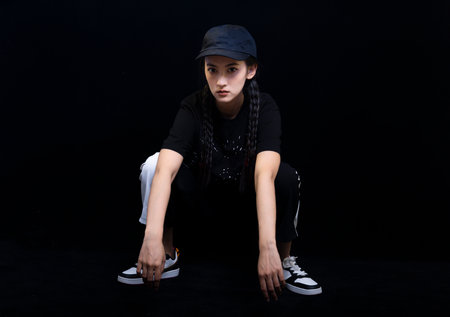 Young girl in a cap and black T-shirt on a black backgroundの写真素材