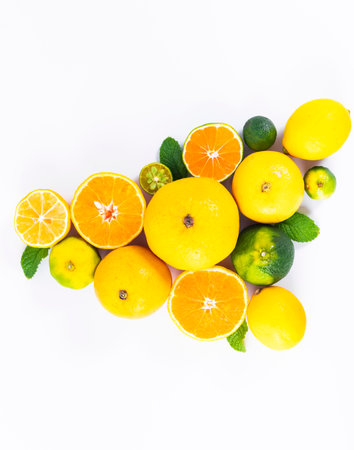 Citrus fruits on white background. Flat lay, top viewの写真素材