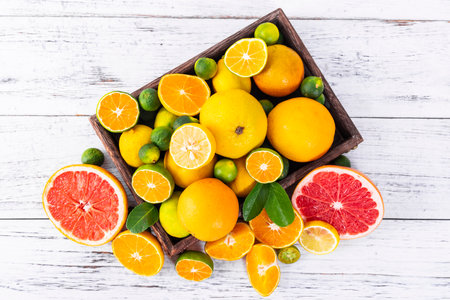 Variety of citrus fruits including lemons, lines, grapefruits and oranges.の写真素材