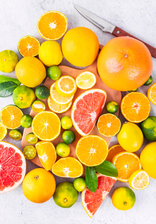Variety of citrus fruits including lemons, lines, grapefruits and oranges.の写真素材