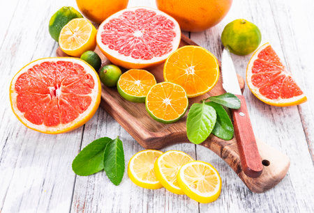 Variety of citrus fruits including lemons, lines, grapefruits and oranges.の写真素材
