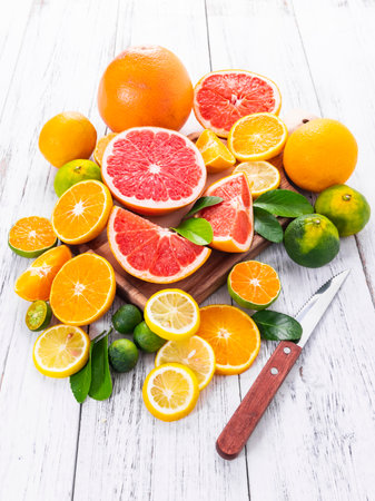 Variety of citrus fruits including lemons, lines, grapefruits and oranges.の写真素材