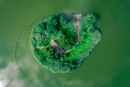 Aerial view of a green island in the middle of a lakeの写真素材
