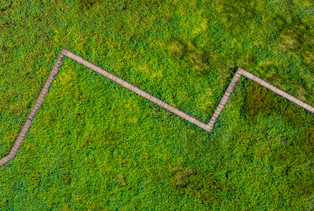 Aerial view of a green grassy meadow with a wooden fenceの写真素材