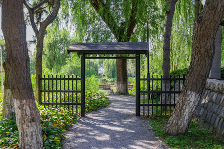Wooden gate in the park with green grass and trees around.の写真素材