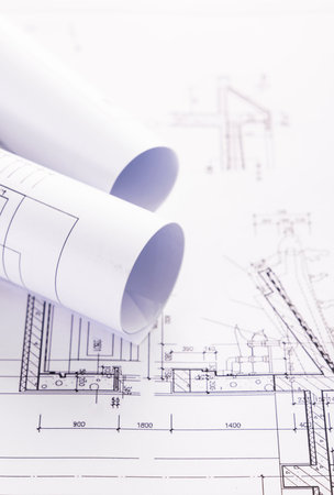 Architectural plans and rolls of blueprints. Architectural backgroundの写真素材