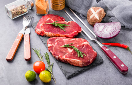 Raw beef steak with rosemary, salt and pepper on stone board