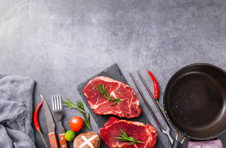 Raw fresh beef steak with spices and herbs on black background. Top view with copy space