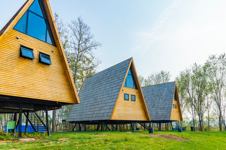 Wooden houses in a park in the city of Gdansk, Polandの写真素材