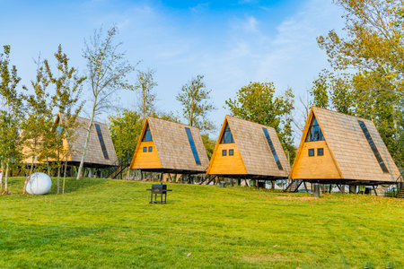 Wooden houses in a park in the city of Gdansk, Polandの写真素材