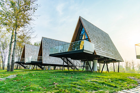 Modern architecture in the park, close-up of the building.の写真素材
