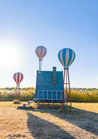 Colorful hot air balloons in a field of sunflowers.の写真素材