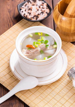 chicken noodle soup in bowl on wooden background. Asian foodの写真素材