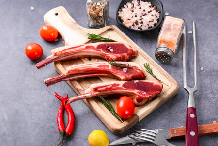 Raw lamb chops with ingredients for cooking on a wooden cutting board.の写真素材